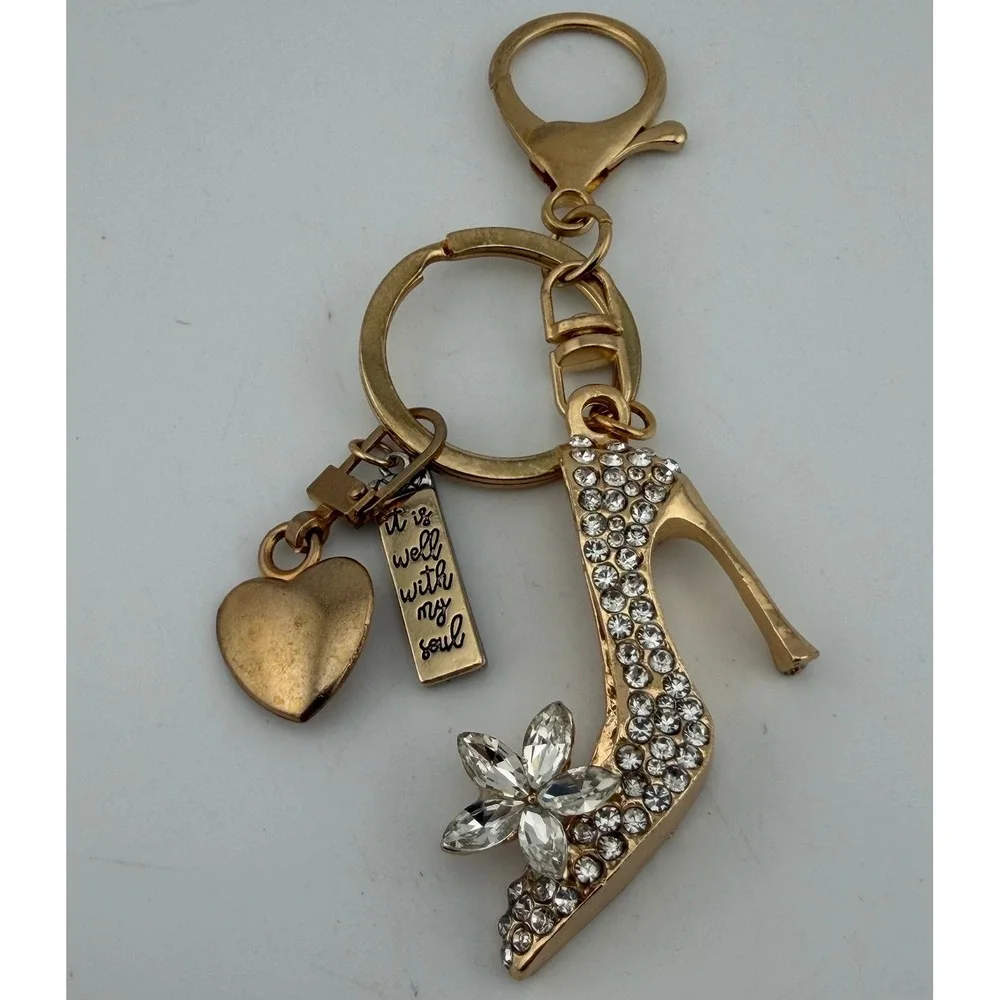 High Heel Keychain Gold Excellent Rhinestone Heart Soul Charm